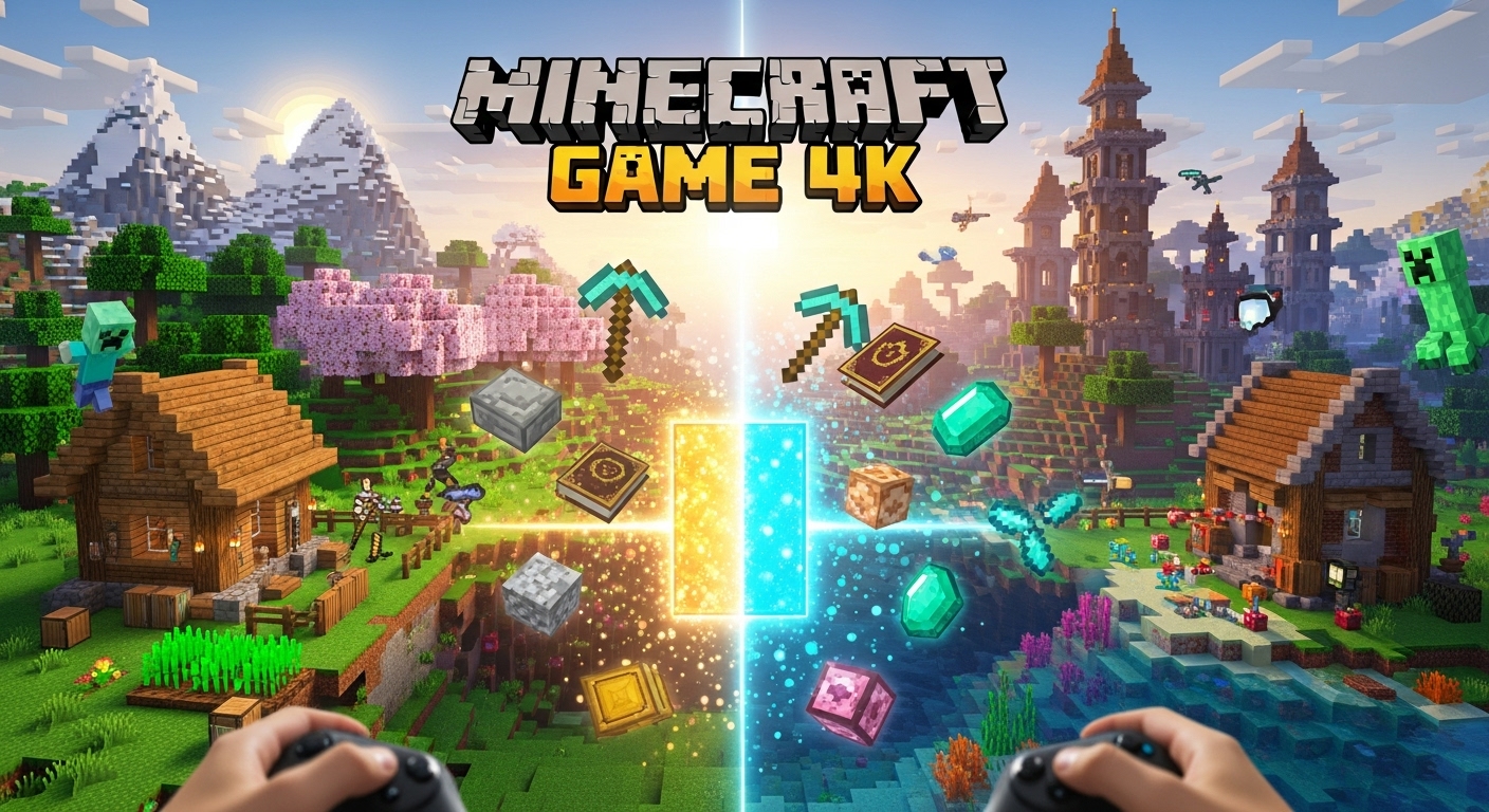 Free Minecraft thumbnail template - Epic landscape build with character in diamond armor and magical effects
